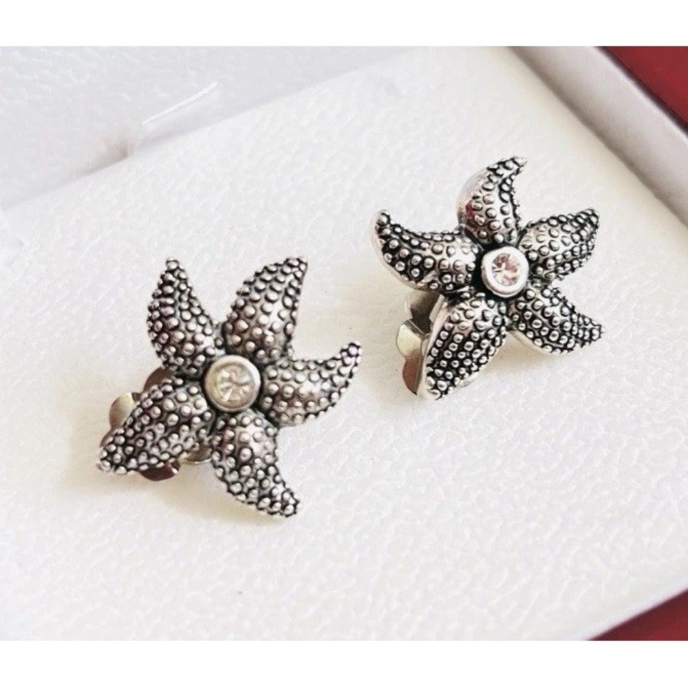 Vintage Clip On Earrings Starfish Stud Womens Silver Textured Clear Stone Beach